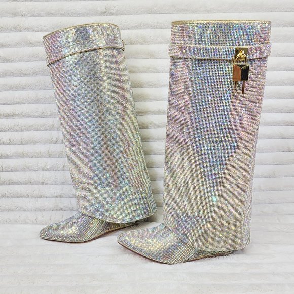 Super Sparkle Sharky Skirted Fold Over Wedge Heel Knee Boots - Picture 8 of 8